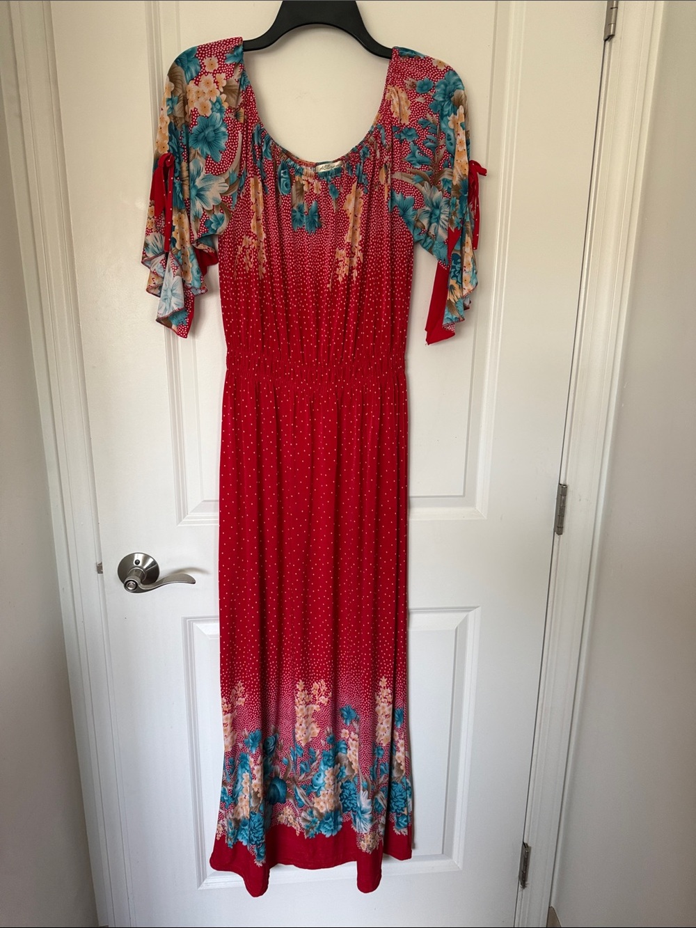 American Eagle Outfitters Red Floral Maxi Dress with Teal Accents